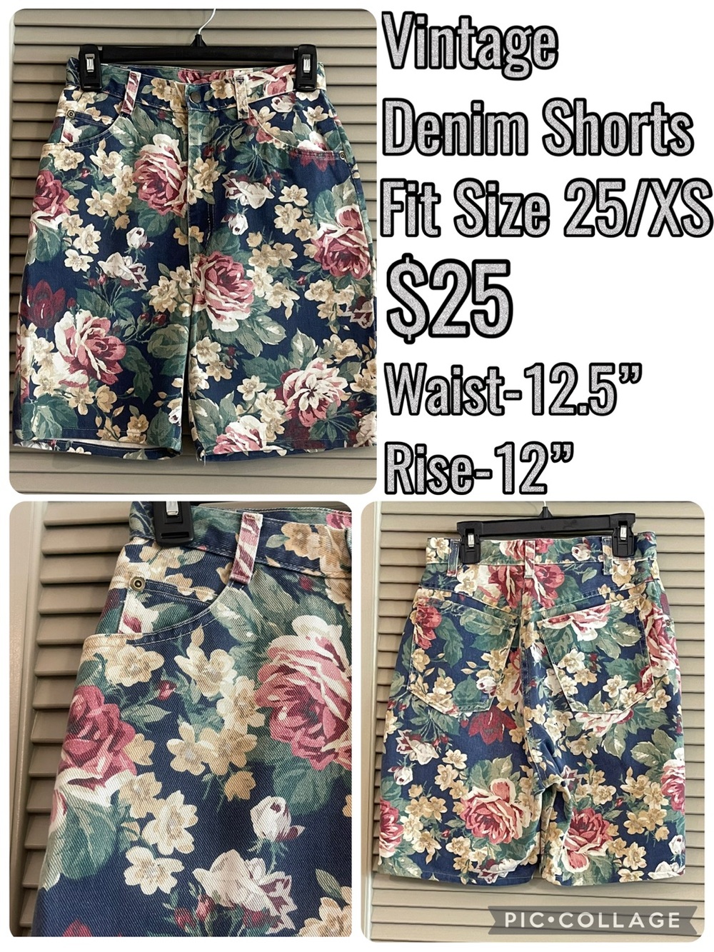 Vintage Floral High-Rise Denim Shorts - Navy with Rose Print